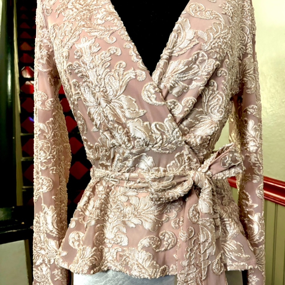 Velvet Design Shirt, v-neck, crisscross design, tie at waist, small